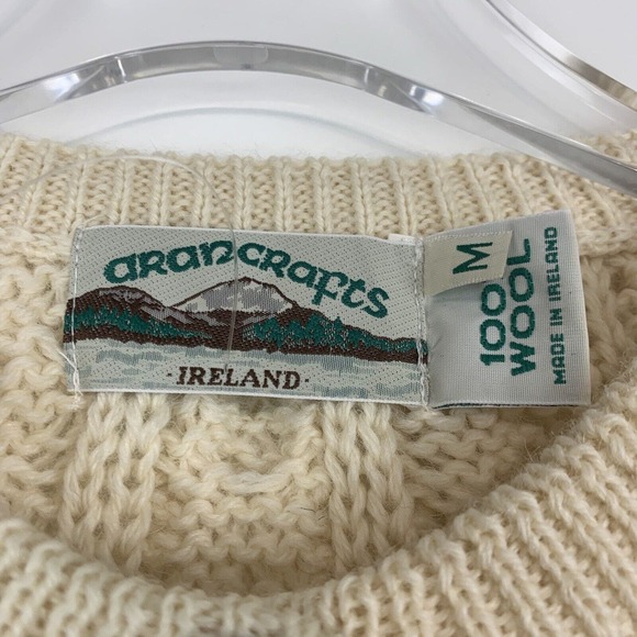 Aran Crafts Sweater Wool Button Front Boyfriend  Cable Knit Cream Fishermancore - Picture 3 of 7